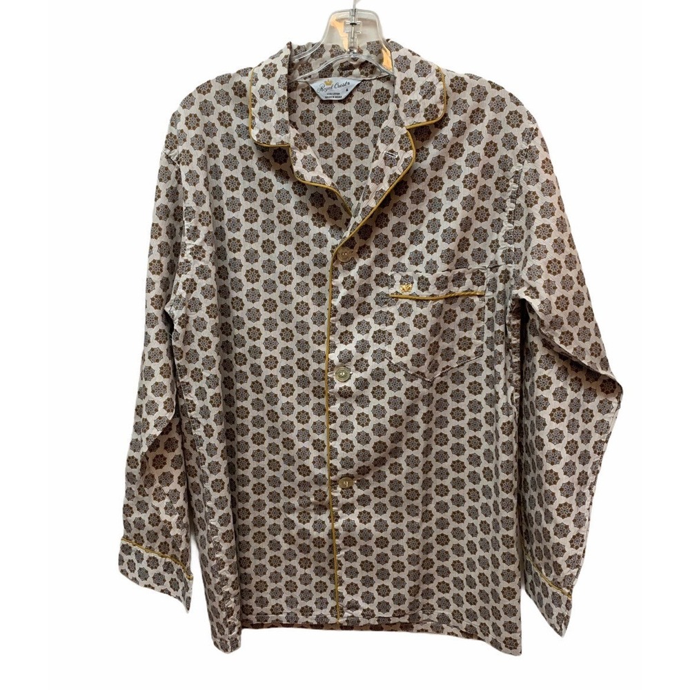 Vintage Retro Royal Crest Cotton Pajama Top Women's M Mandarin Collar Gold Crest